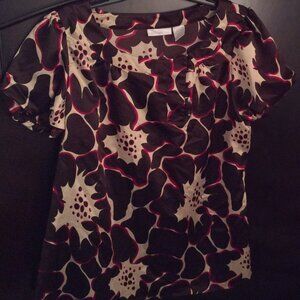 Worthington Satin Puff Sleeve Blouse Floral Brown Biege & Berry